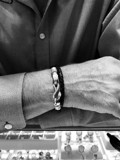 Man wearing bracelet, displaying watches below.